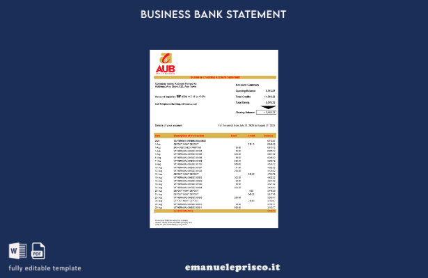 modello di estratto conto aziendale Asia United Bank (AUB) in stile verificato M